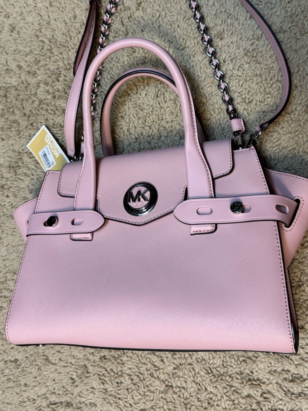 Michael Kors Pink Saffiano Satchel with Chain Strap